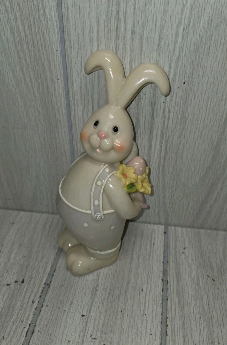 Vtg White Multi 8" Standing Bunny Rabbit Basket of Eggs Figurine Easter Spring